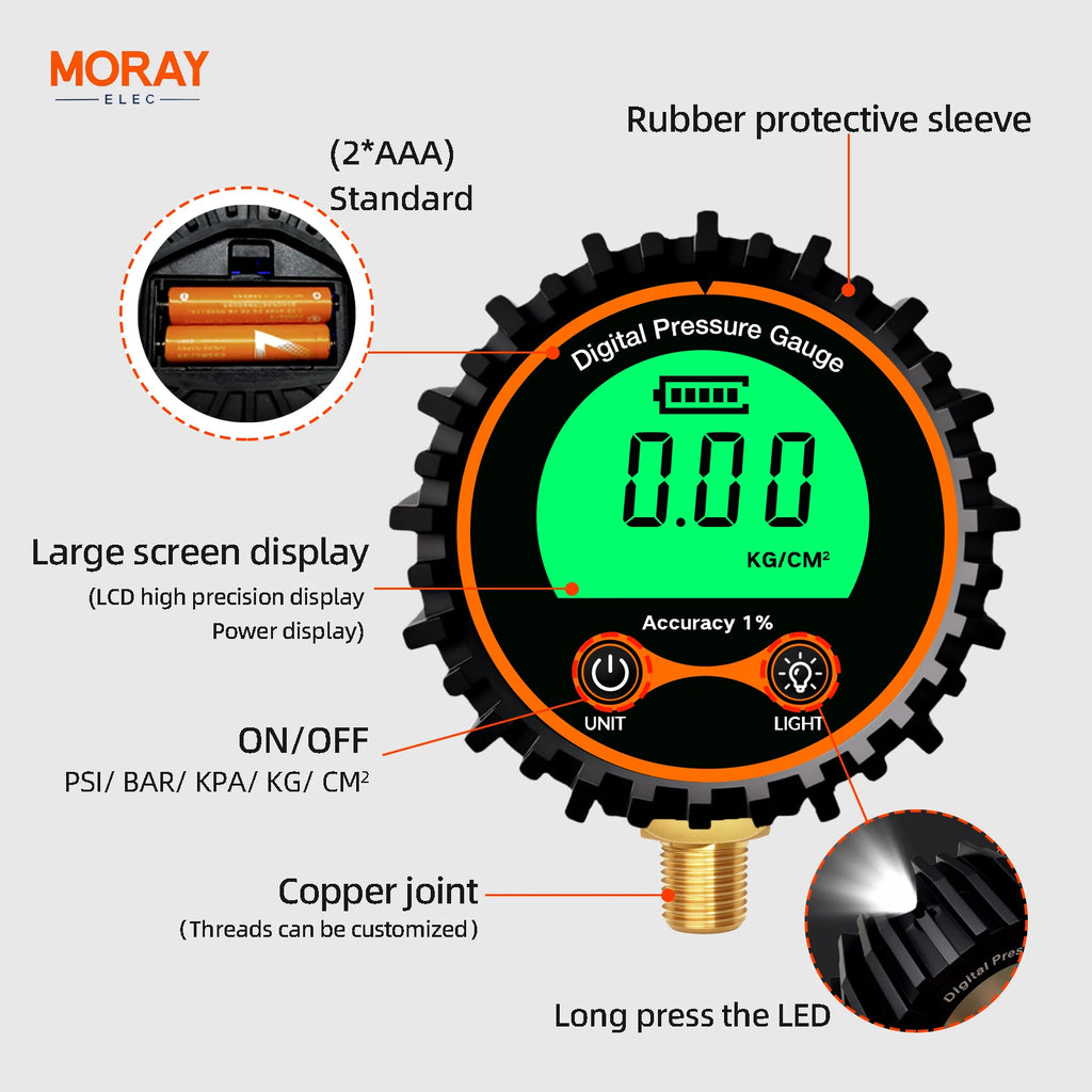 Moray ME267P 200psi with Rubber Case LCD Pressure Transmitters Digital Tire Pressure Gauge Digital Manometer