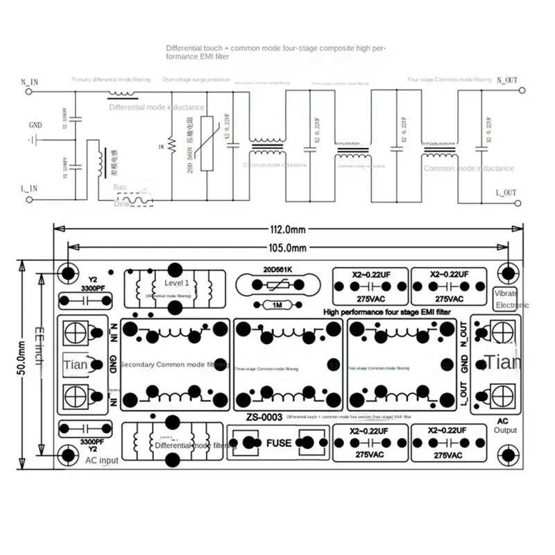 AB97-DC EMI Filter Four-Level Audio AC 220V Power Supply EMI 110V Differential Mode Common Mode EMC Safety Rules FCC 8A
