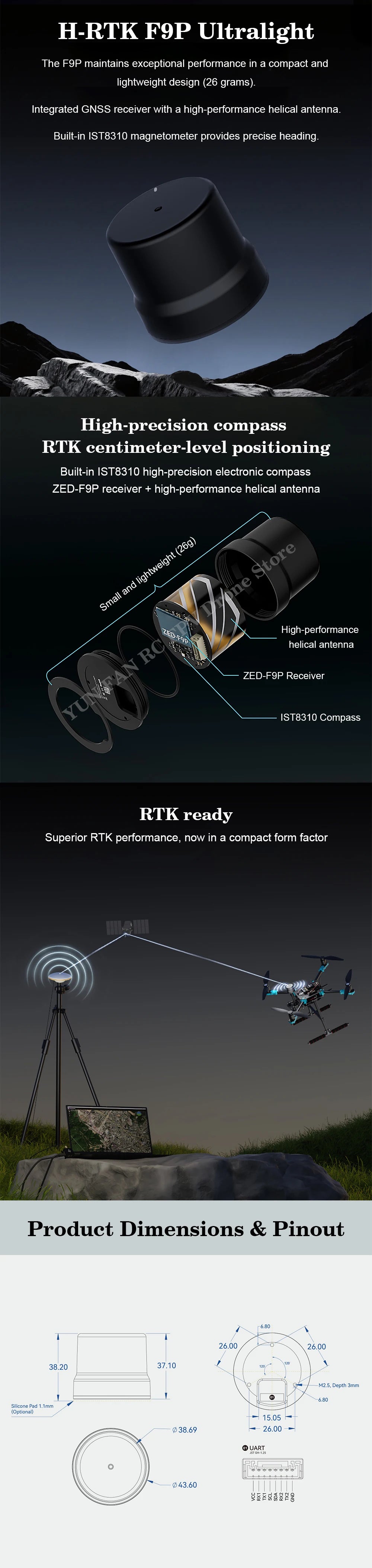 Holybro H-RTK ZED F9P: Ultimate Navigation with Built-in Compass & Feather-Light 26g Design | High-Accuracy GNSS