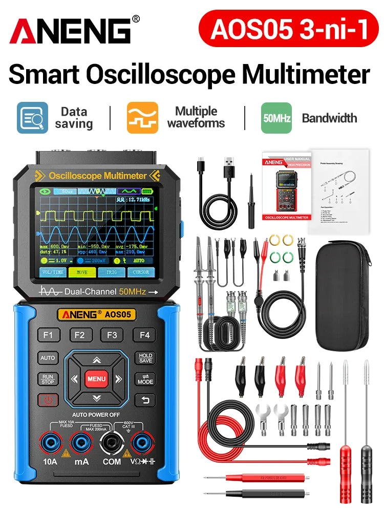 Dual-channel Oscilloscope Rechargeable 50MHz Bandwidth 200MSa/s Sampling Smart Automatic 3-in-1 Detector 25000 Count ANENG AOS05