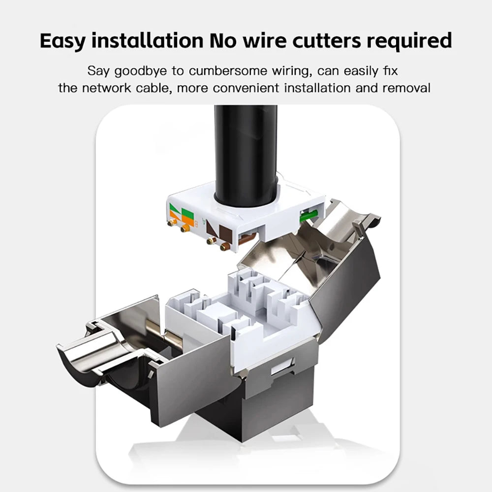 Tool-Less Cat6a Cat7 Keystone Jack RJ45 STP Zinc Alloy Module Coupler 22-26 AWG Shielded Network Ethernet Adapter