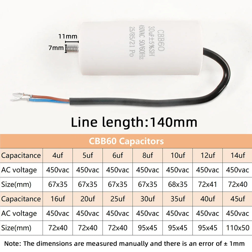 1Pcs CBB60 Motor Run Capacitor 450VAC Lead Wire with Mounting Screw 4~25uF for Water Pump Washing Machine Fan Compressor