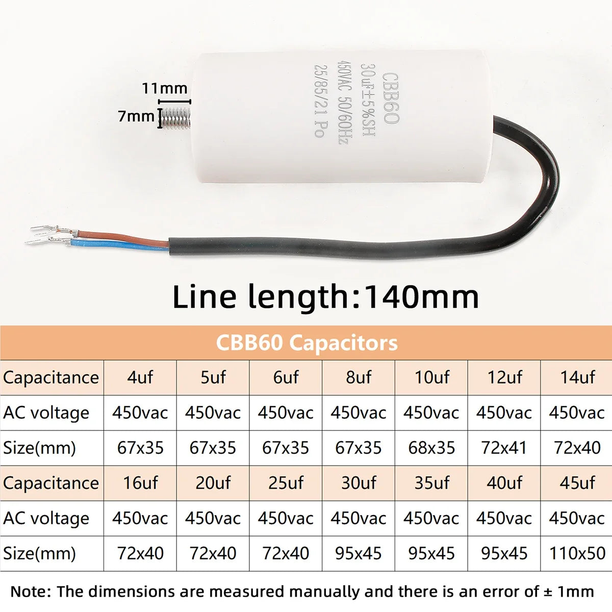 1Pcs CBB60 Motor Run Capacitor 450VAC Lead Wire with Mounting Screw 4~25uF for Water Pump Washing Machine Fan Compressor