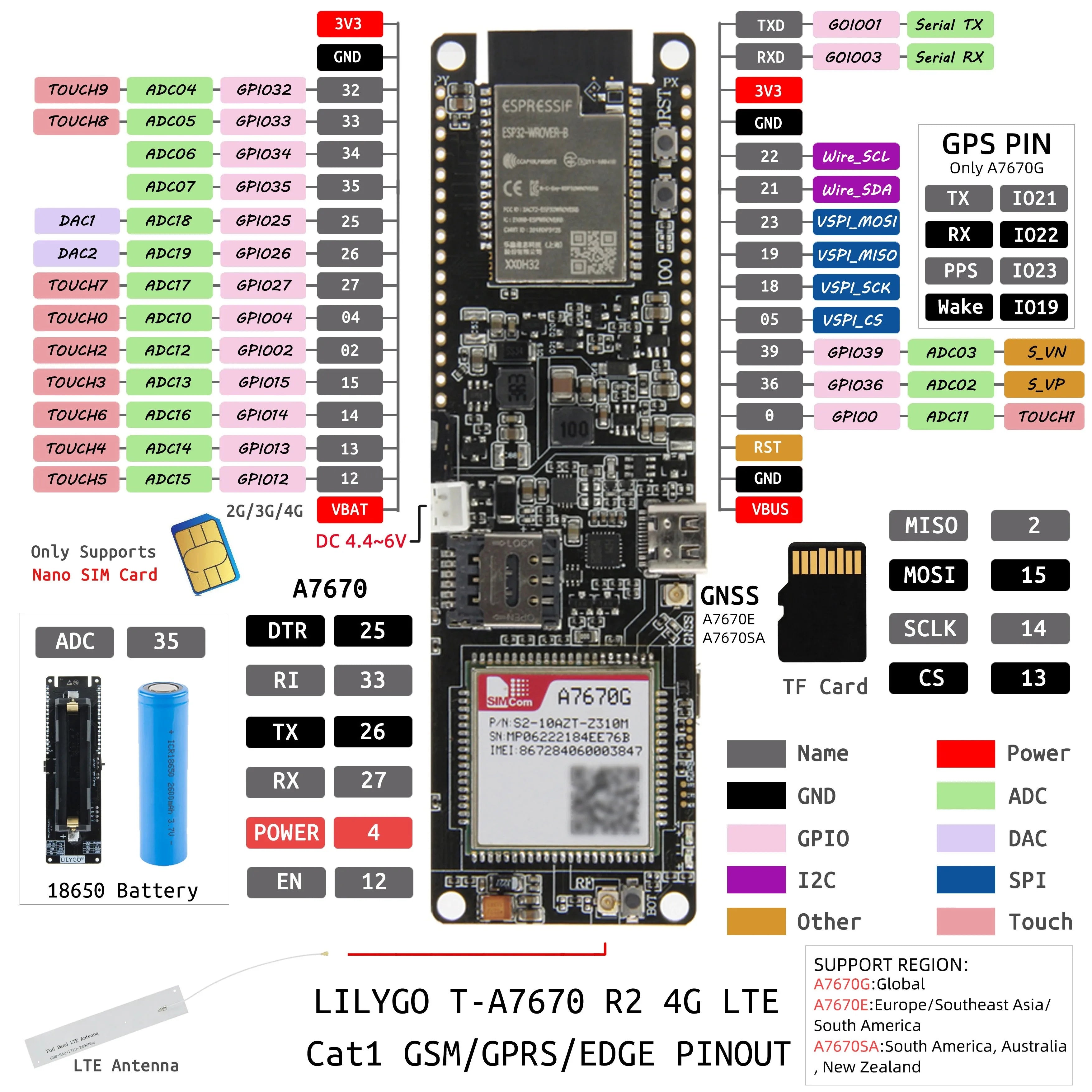 LILYGO® T-A7670E R2 4G LTE CAT1 ESP32 Development Board Support GSM GPRS EDGE Wireless Module