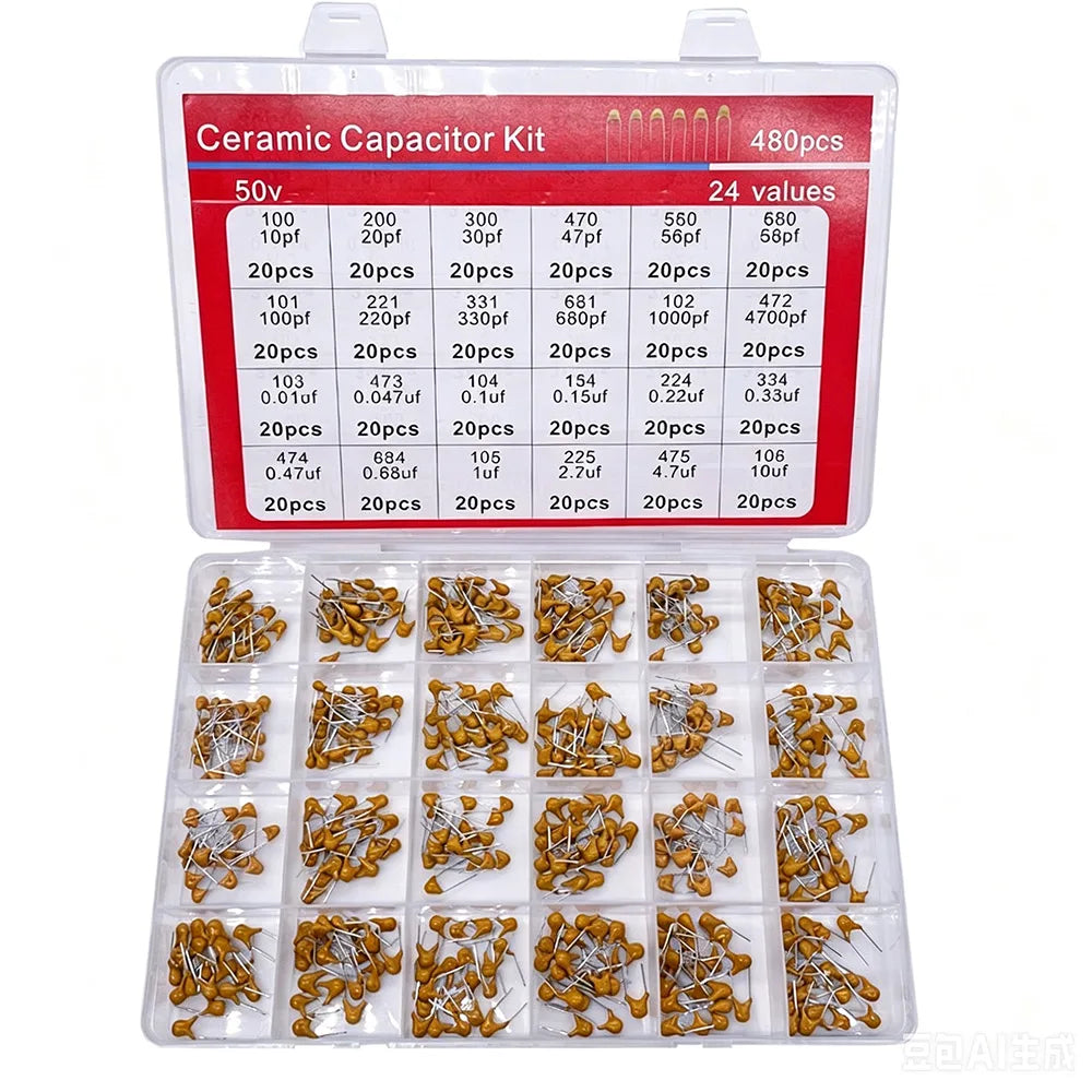 480pcs Ceramic Capacitor Assortment Kit for Guitar 0.1uf to 10uf Range 24 Values Durable Guitar Parts And Accessories