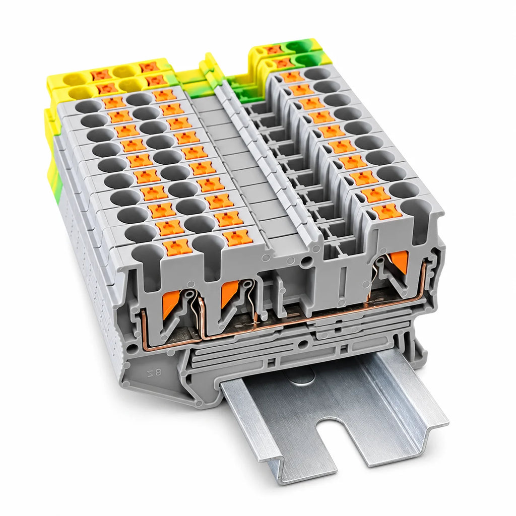 10PCS PT2.5-TW DIN Rail Terminal Block Twin 3-Conductor Feed Through Push In Spring Connector 2.5mm2 NS35 Electrical Wiring