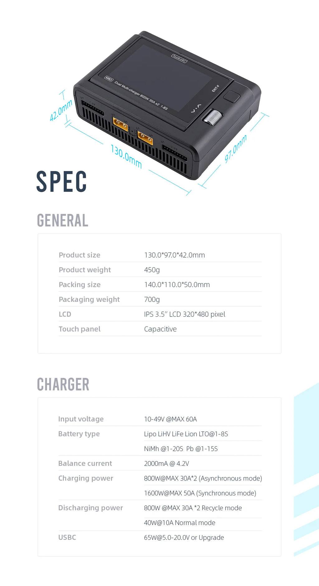 ToolkitRC M8D 1600W 50A Charger DC Balance Touch Screen 65W Fast Charge Dual Channels for 1-8S Lipo Battery For Rc FPV Drone Car