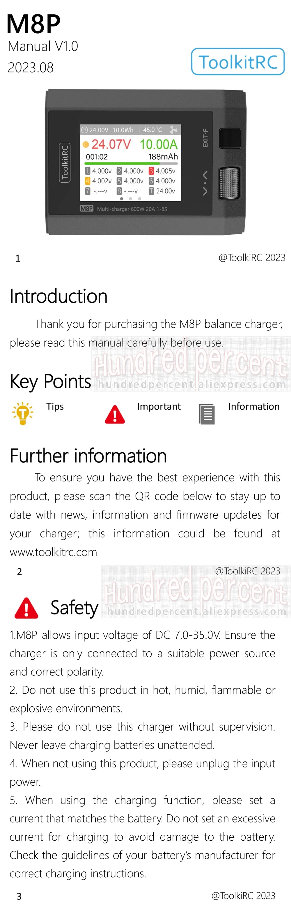 ToolkitRC M8P Intelligent Charger 1-8S 600W 20A Remote Control Car Aviation Model Aircraft Lithium Battery FPV Fast Charging