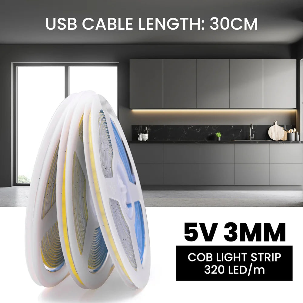 5V USB 3mm PCB COB LED Strip Light with Switch Dimmer Remote Control 320 LEDs High Density Linear Lighting Flexible Tape Lamp