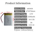 603450 3.7V 1200mAh Lithium Polymer LiPo Rechargeable Battery with jst PH 2.0mm 2pin plug For MP3 Laptop PC Camera GPS