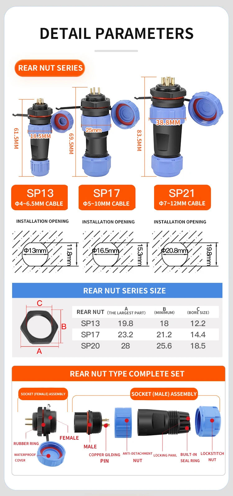 T&I IP68 waterproof aviation plug socket circular rear nut connector 2 3 4 5 7 9 12 pin SP21 butt connector
