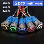 5 PCS 16mm 19mm 22mm Metal Push Button Switch 12v Ring Power Buttons Waterproof LED Light Self-lock Self-reset 220V High Head