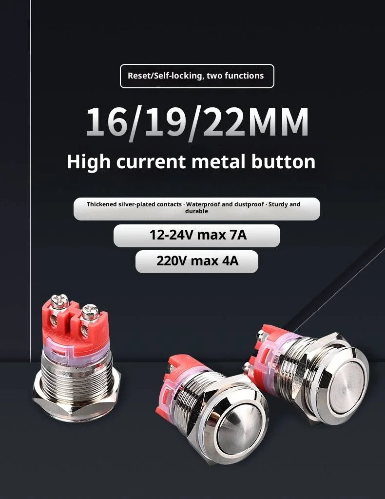 Push Button Switch Metal Screw Terminal Soldering 16/19/22mm Short 7A Latching Self-Locking/Reset LED Light 6/12/24/110/230V