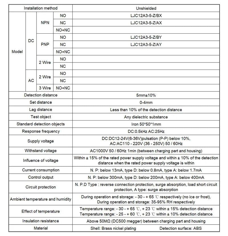 LJC12A3-A-Z/BX AX BY AY Approach Sensor Cylindrical Capacitive Proximity Switch 5mm Detecting Distance NPN/PNP NO/NC DC6-36V