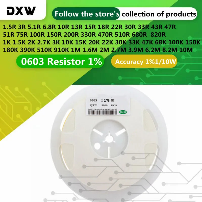 5000PCS/Lot 0603 Resistor 0R~10M  1K 2.2K 10K 100K 4.7K 1M 10 22 33 100 150 220 470 Ohm 1R 49.9R 270R 150R 330R 499R Accuracy 1%