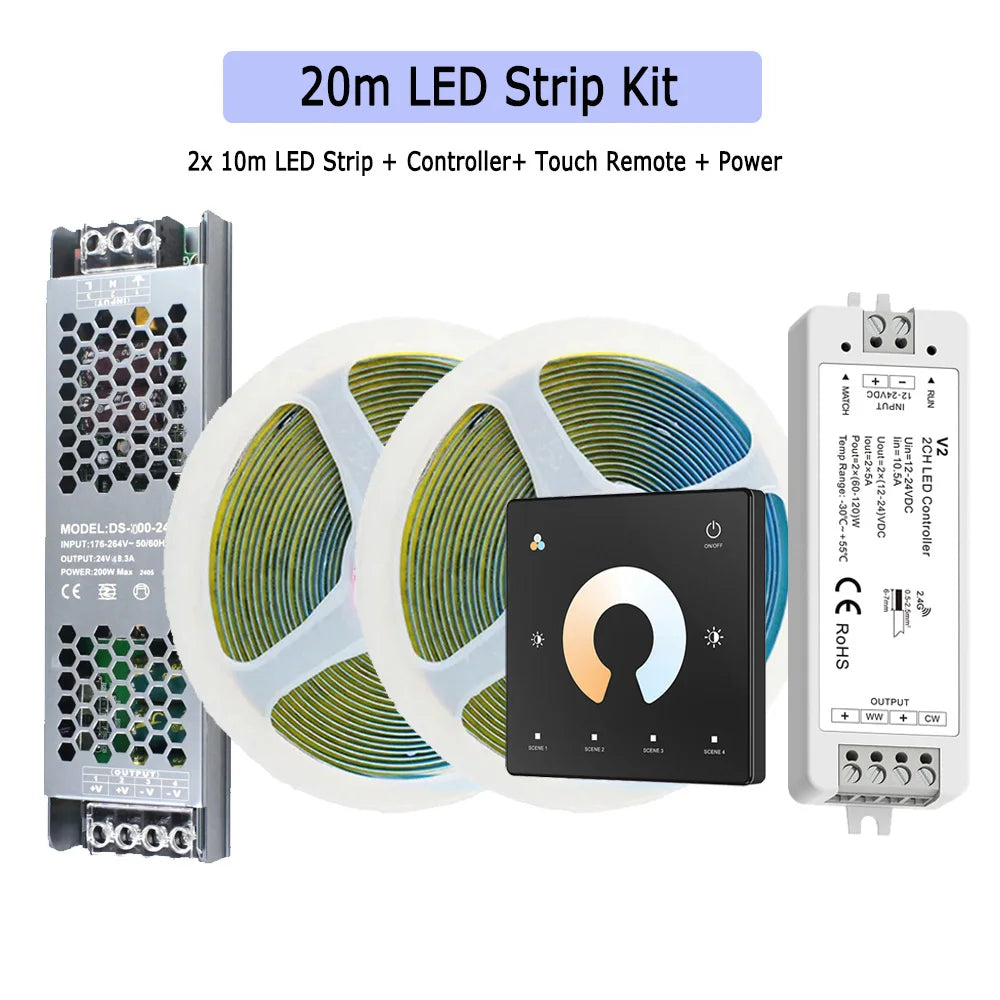 5M 10M 20M COB CCT LED Strip 24V Flexible High Density Dimmable Room Light 2.4G RF Touch Remote Control Dual White 2700K-6500K