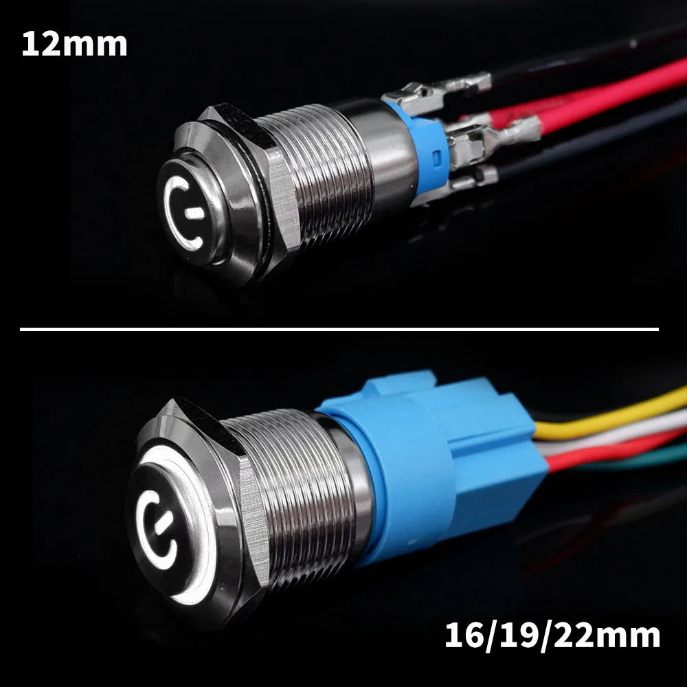 12 16 19 22 mm Metal Push Button Switch with Wire On Off PC Power High Head 12v for Car Momentary Latching Fixed Blue 5V 220V
