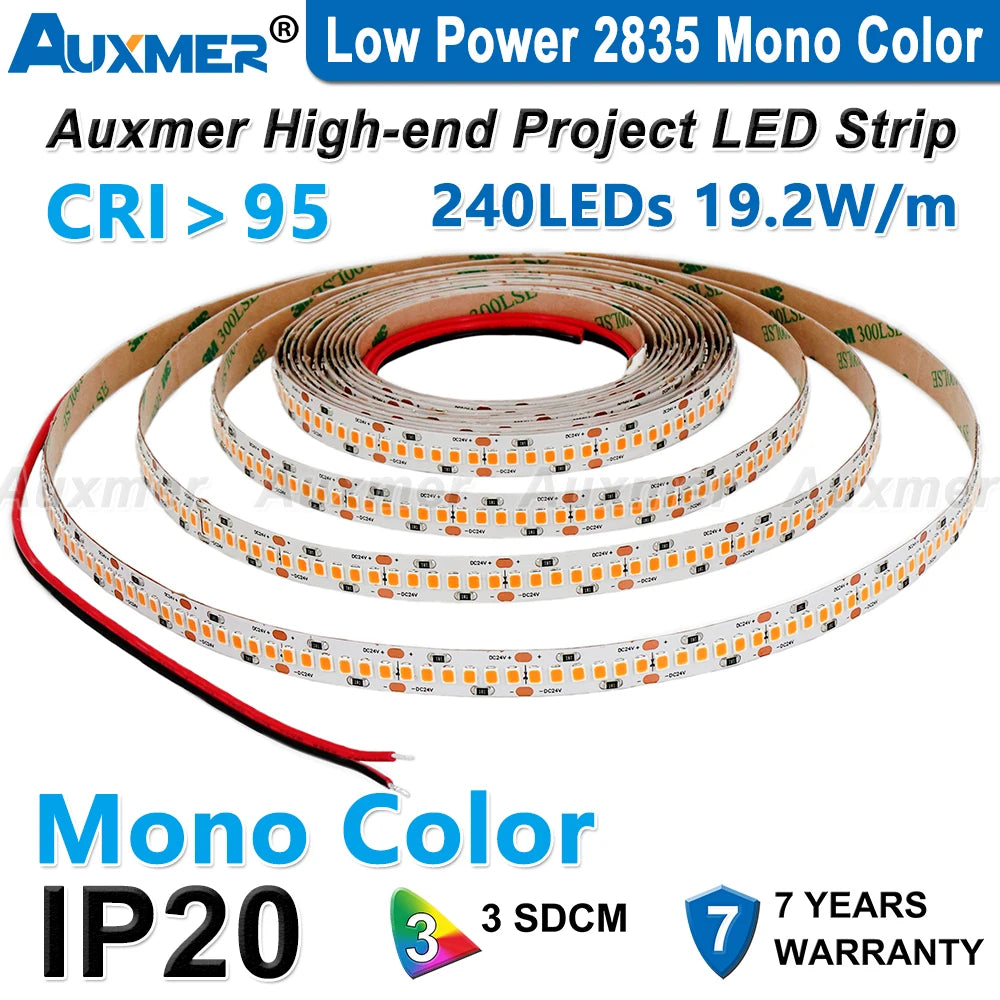 Auxmer Low Power 2835 LED Strip,Mono Color,120LEDs/m 240LEDs/m,CRI＞95/90,3SDCM,Super Bright Flex LED DC12/24V,5m/reel,IP20