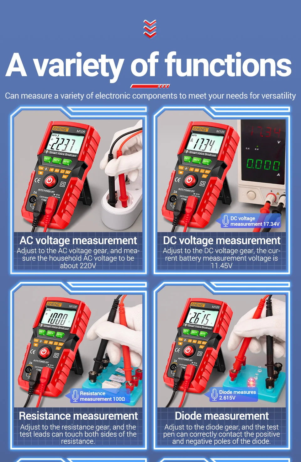 ANENG M109 Smart Multimeter Tester AC/DC Voltage Voice Broadcast Meter NCV Capacitance Continuity Professional Electrical Tools