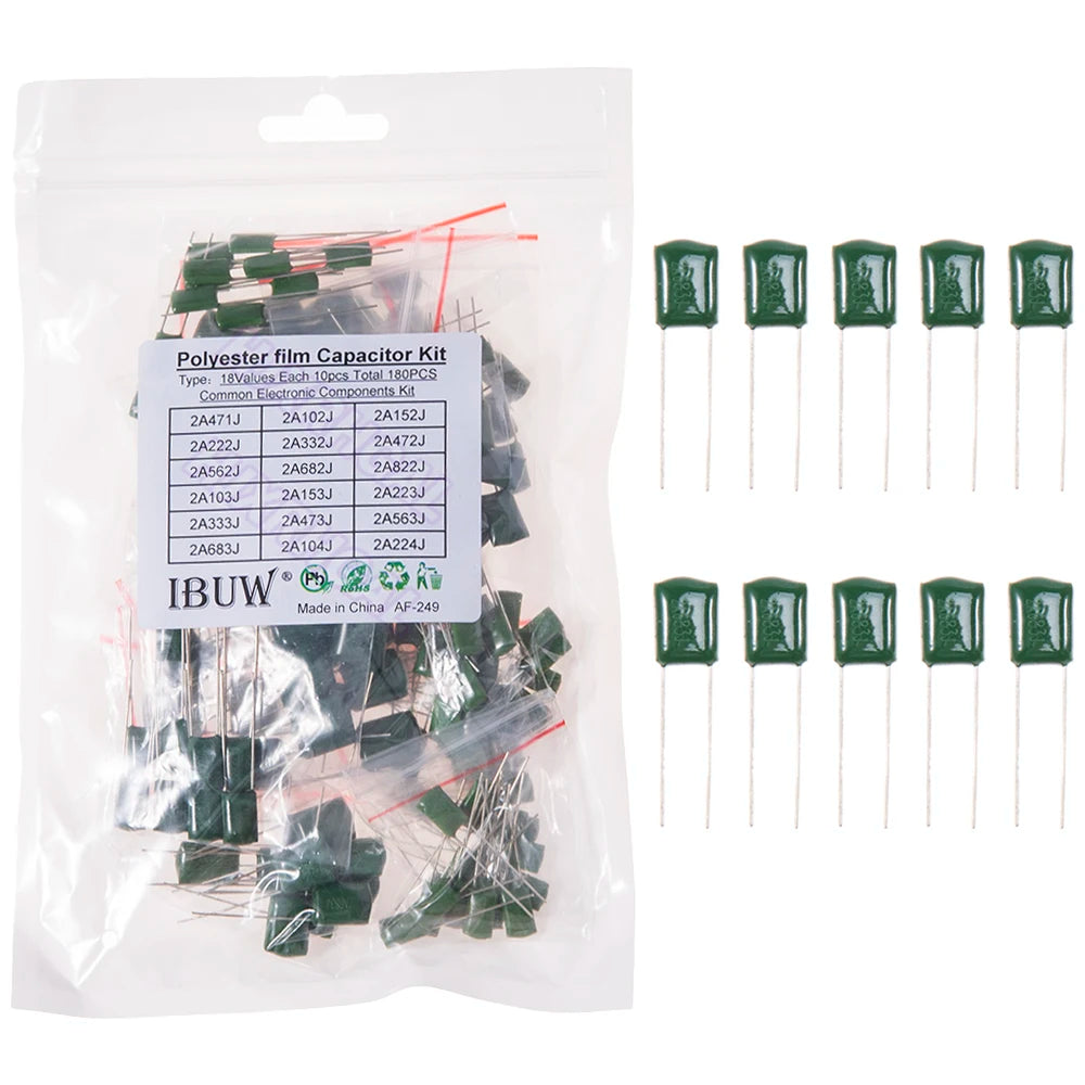 180PCS=18value*10PCS Polyester film capacitor Assorted Kit contains 2A104J 2A332J 2A472J 2A103J 2A333J 2A473J 2A563J 2A223J