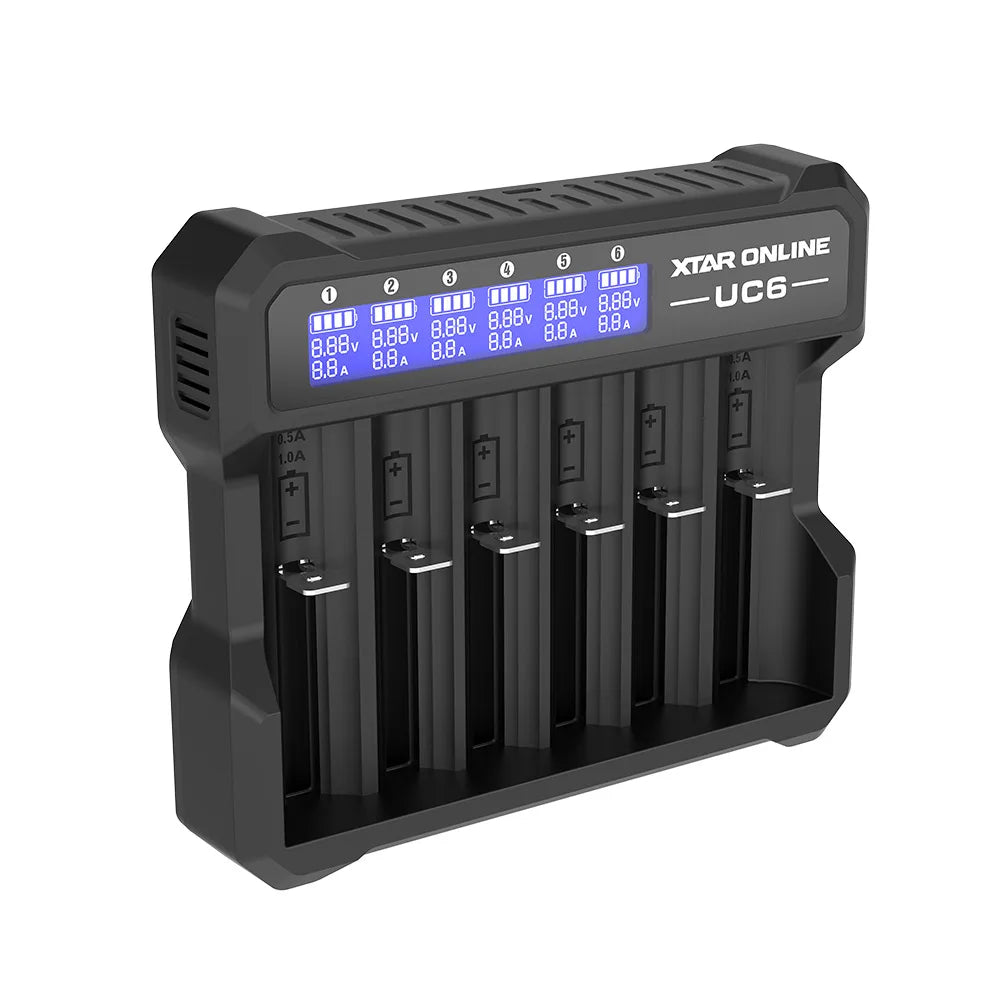 MC6C 6-Slot Independent Charger LCD Display for Li-ion Ni-MH USB-C Input 0V for 21700 18650 Li Battery AA AAA Battery Activation