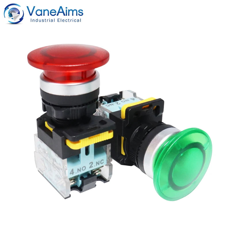 Big Red Green Mushroom Push Button Switch Vaneaims 22MM FXB38 10A 1NO1NC Latching Momentary Starter Stop Enter Buttons Switches