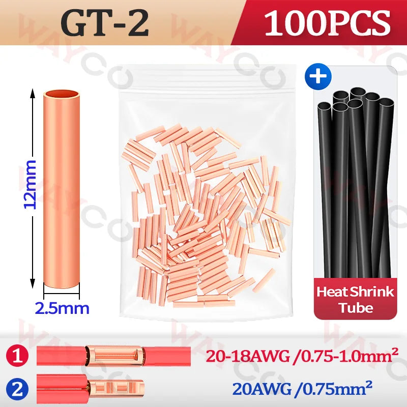 100PCS GT Copper Crimp Terminals Electrical Wire Cable Tubular Connectors Ring Sleeve Ferrules Lugs Have Heat Shrink Tubing