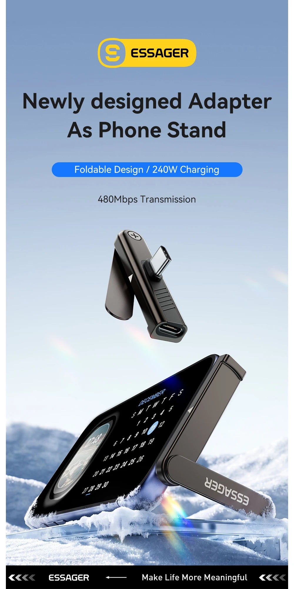 Essager Dual Type C Foldable Elbow Bracket 240W Charging Adapter 2-in-1 Converter for iphone 17 16 15 Huawei Xiaomi Samsung Oppo