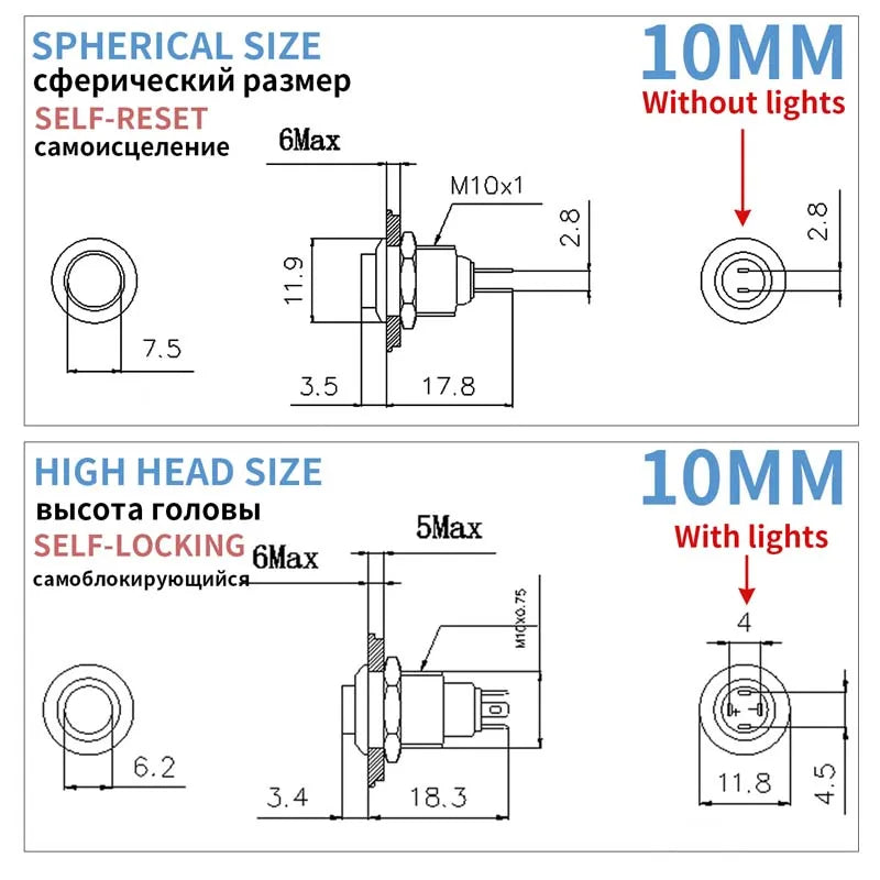 8 10 12 16 19 22mm high head small Waterproof Metal Push Button Switch LED Light Self-locking/Self-reset 3/6/12/24V
