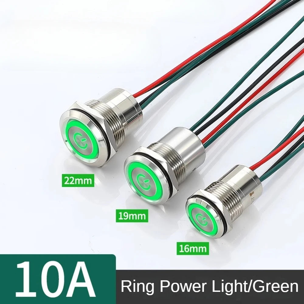 16/19/22mm IP67 Waterproof Metal Push Button Switch 10A High Current LED Light Momentary Latching Outdoor Power Switch Red Green