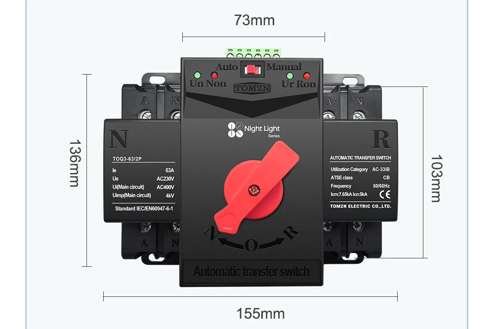 TOMZN TOQ3 Built-in Circuit Breaker 2P/4P 63A-125A with Night Light, 2-In 2/1-Out, Short-Circuit & Overload Protection