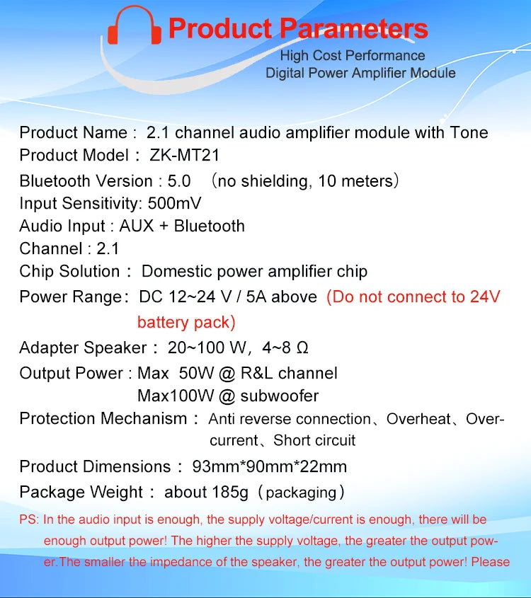 MT21 2.1 Channel Bluetooth 5.0 Audio Amplifier Board 100W Subwoofer 50W*2 L/R Stereo Amp Module Bass Treble Control AUX Input DC12-24V for Home Speaker DIY