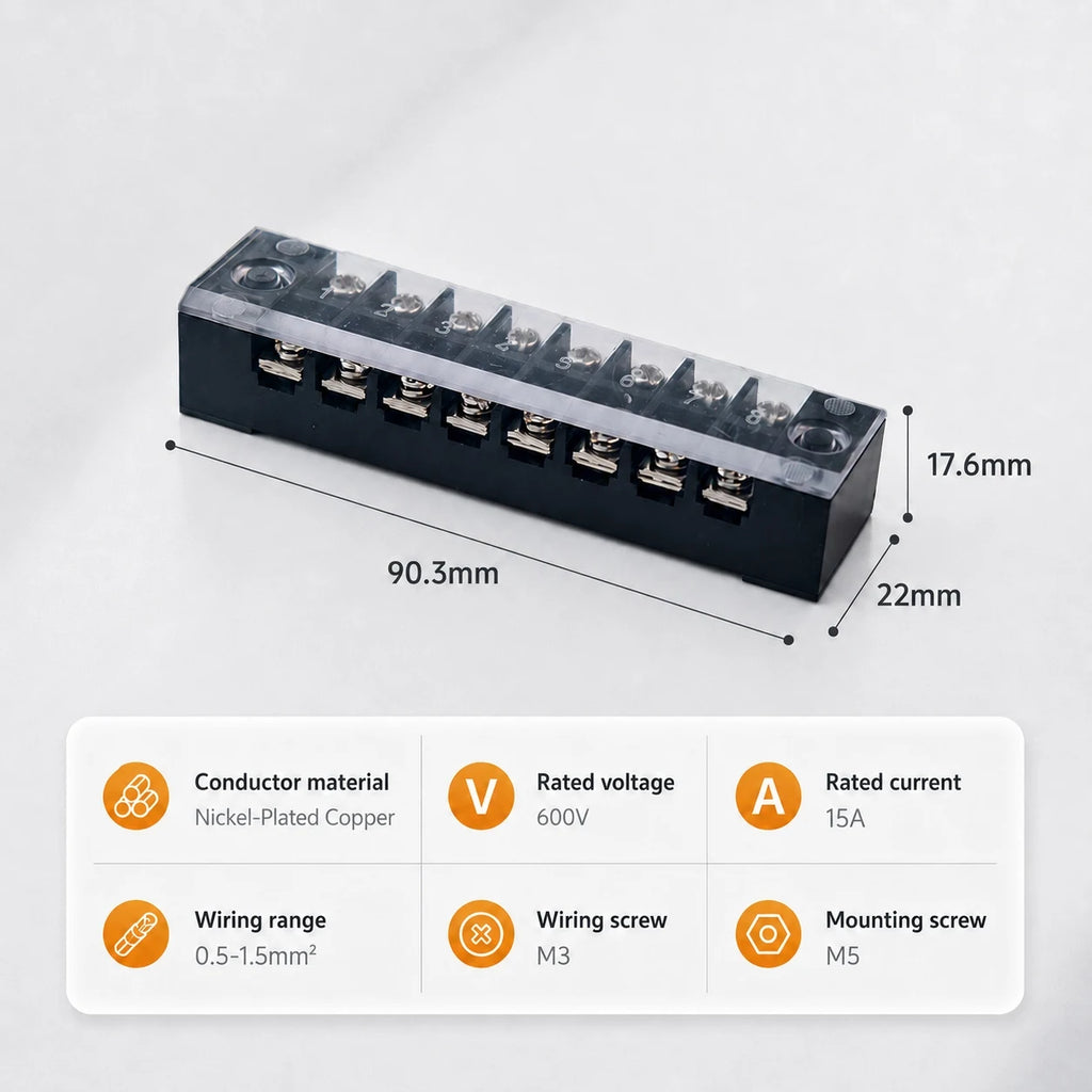 Screw Terminal Block TB Series Dual Row Barrier Strip 3/4/5/6/8/10/12P 15A 25A 45A 600V Panel Mount Electrical Wire Connector