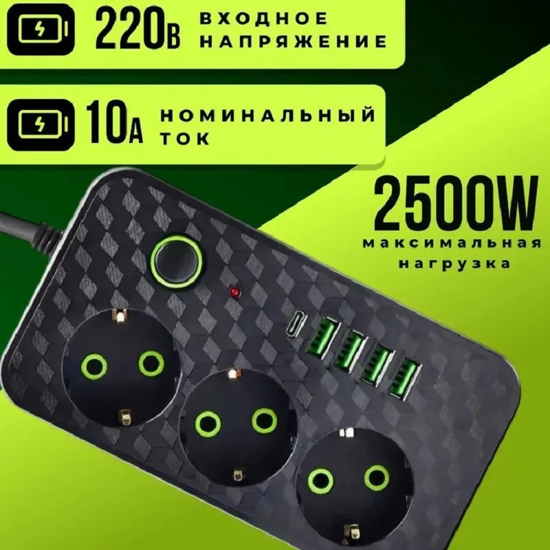 EU Plug Power Strip 3m AC Outlets Multitap Socket Extension Cord Electrical With USB Type C Fast Charging Network Filter Adapter