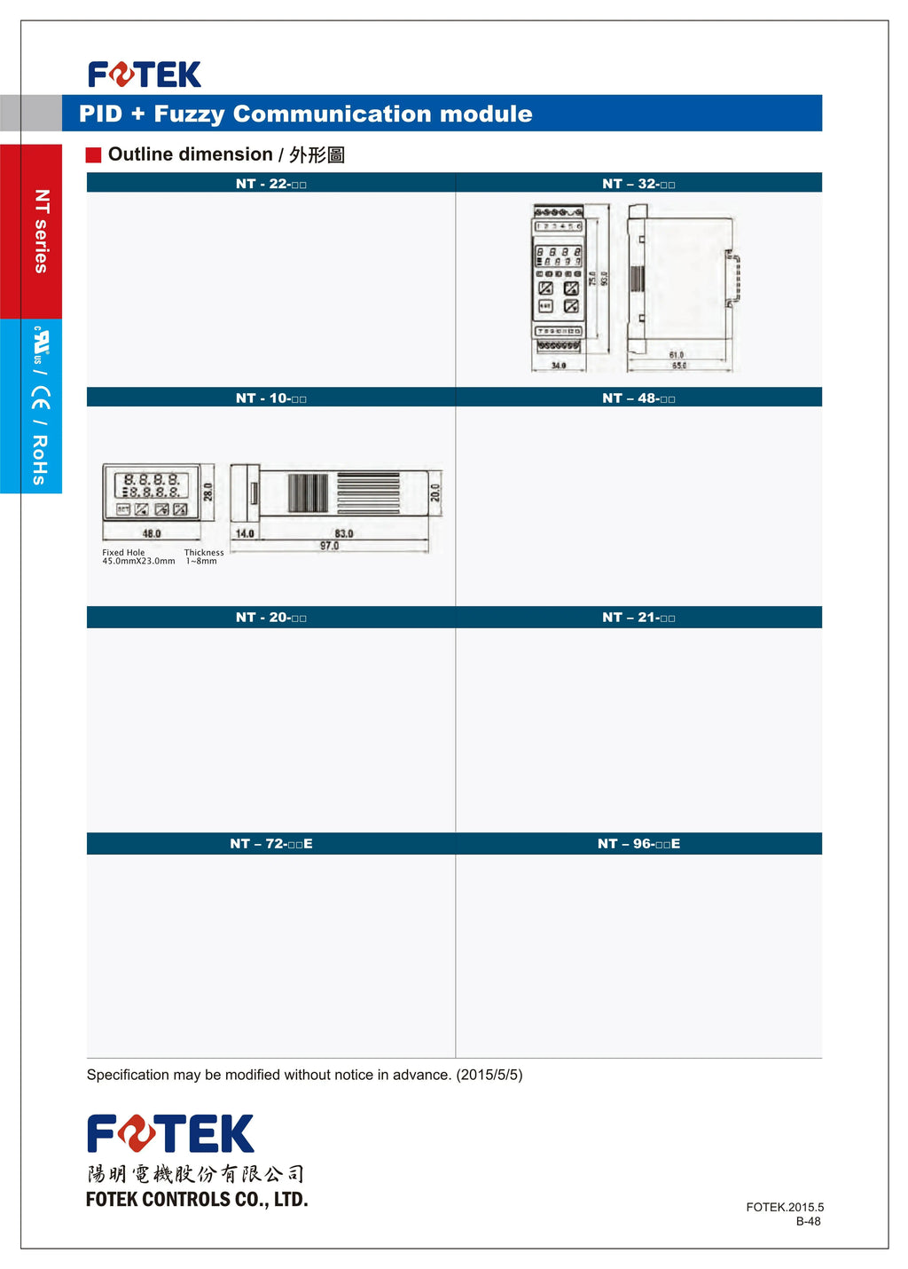 FOTEK NT-20R NT-20V NT-20L NT-96RE NT-96VE NT-96LE NT-48R-RS NT-48V-RS NT-48L-RS NT-21R Temperature Controller