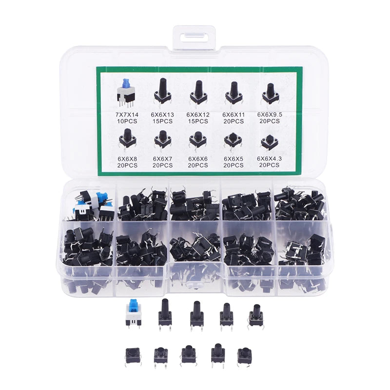 180 Pcs Tactile Push Button Switch Kit  - 6mm/7mm SMD & THT Momentary Tact Switch Assortment, Electronic Components DIY Repair