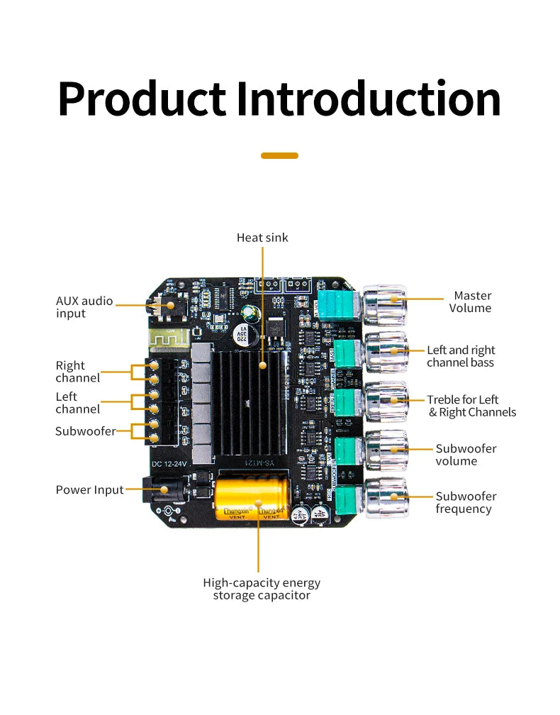 KEBIDU 2.1 Channel Digital Audio Amplifier 200W Bluetooth Audio Amplifier Board Module 12/24V Subwoofer Stereo HiFi Amp Speaker