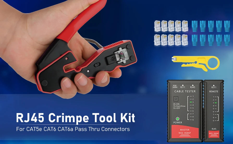 RJ45 crimping tool kit Ethernet crimper and tester for Cat5e Cat6 Cat6a 8P8C modular connectors