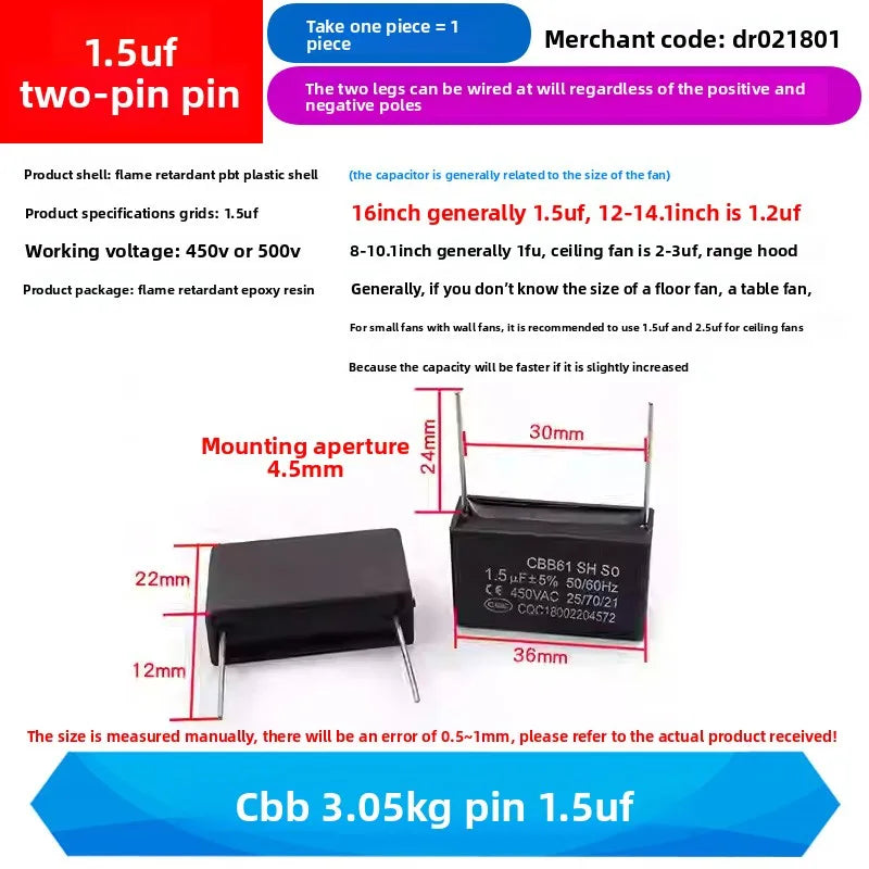 CBB61 Fan Air Conditioner Starting Capacitor 450V 1/1.2/1.5/2/2.5/3/3.5/4/4.5/5/6/7/8/10/12UF Ceiling Fan Hood Motor Capacitor