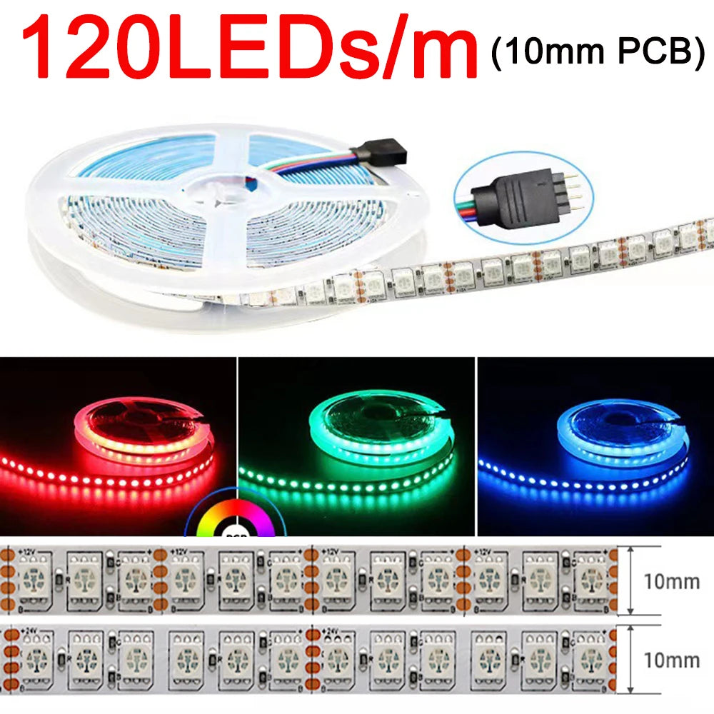 5m 12V 24V DC RGB LED Strip 30LEDs/m 60LEDs/m 96LEDs/m 120LEDs/m SMD 5050 Flexible LED Light Tape 8mm 10mm PCB for Decoration
