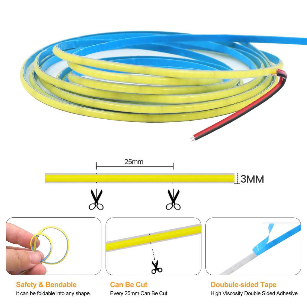 DC 5V/12V/24V COB LED Strip 3MM 5MM 8MM 320Leds/M High Density Flexible COB LED Tape Light For Cabinet Home Linear Lighting