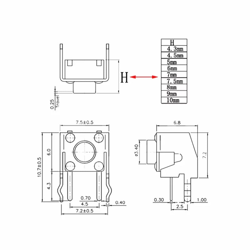 20Pcs 6x6 PCB Momentary Tactile Tact Push Button 4-Pin Self-reset Switch Right Angle With stent 6*6*4.3/4.5/5/6/7/7.5/8/9/10mm