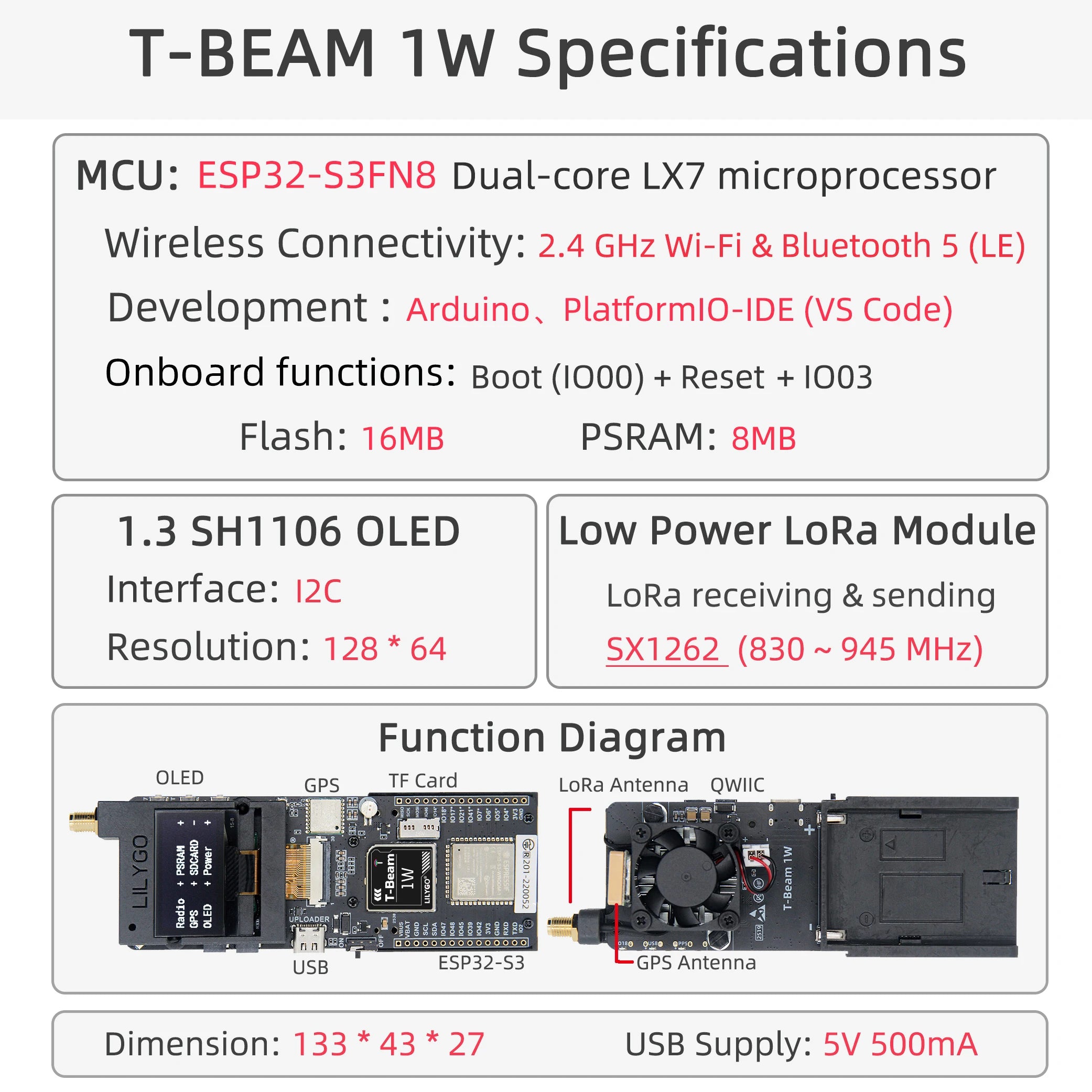 T-Beam 1W ESP32-S3 LoRa SX1262 (830–945MHz) module with 1.3" OLED and GPS, compatible with F550 battery