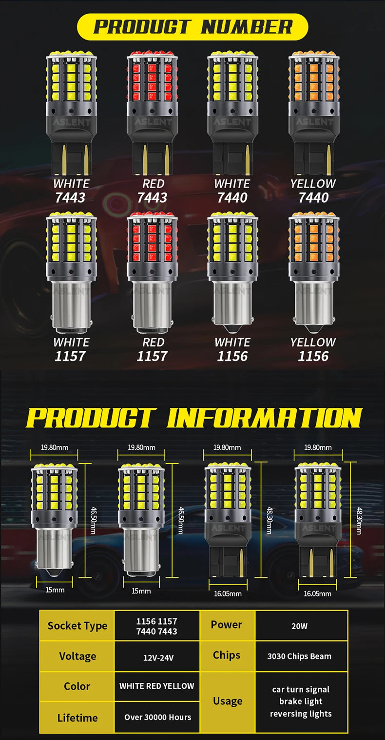 2pcs Car LED Lights BA15S P21W 1156 BAU15S PY21W 1157 BAY15D 44*3030SMD Canbus Front Tail Turn Signal Lamps 7440 7443 W21/5W 12V