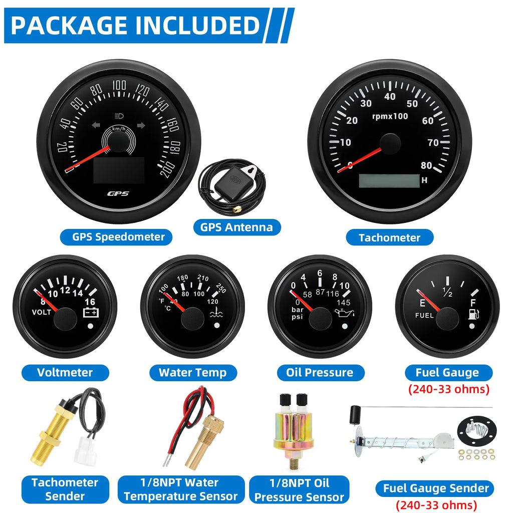 6 Gauge Set 85mm GPS Speedometer Tachometer 52mm Water Temp Fuel Voltmeter Oil Pressure Meter With 1/8 NPT Sensor For Boat Car