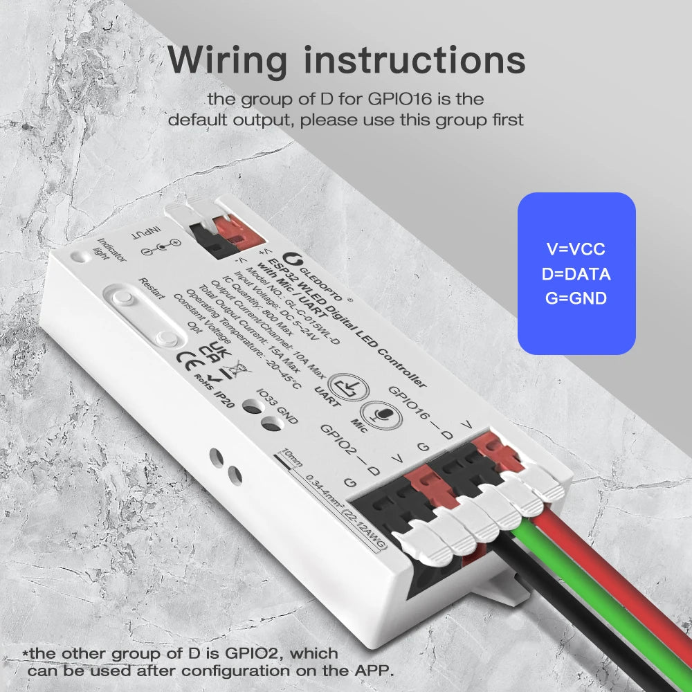 GLEDOPTO WLED LED Controller ESP32 Mic Music UART RGB IC Digital Lights Addressable String Lighting WS2811 WS2812B WS2815 SK6812