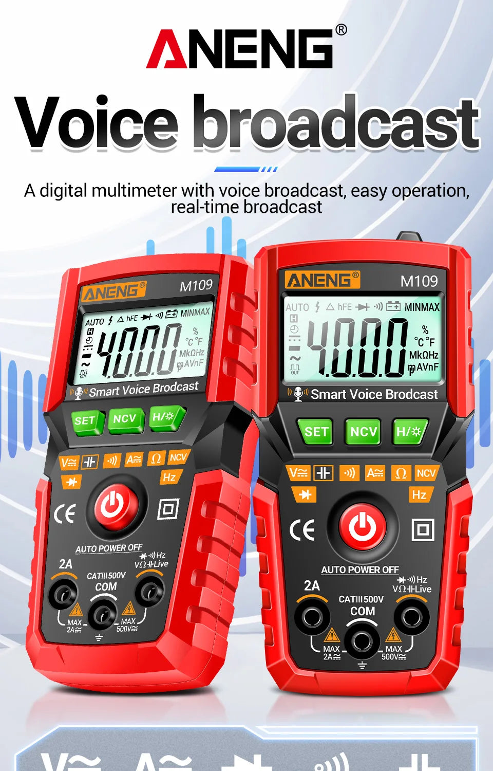 ANENG M109 Smart Multimeter Tester AC/DC Voltage Voice Broadcast Meter NCV Capacitance Continuity Professional Electrical Tools
