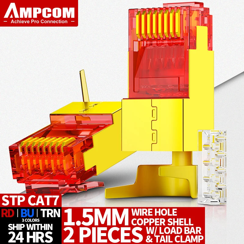 AMPCOM CAT7 Pass Through RJ45 Modular Plug Network Connectors STP 3/50μ Gold-Plated 8P8C Crimp End for Ethernet Cable