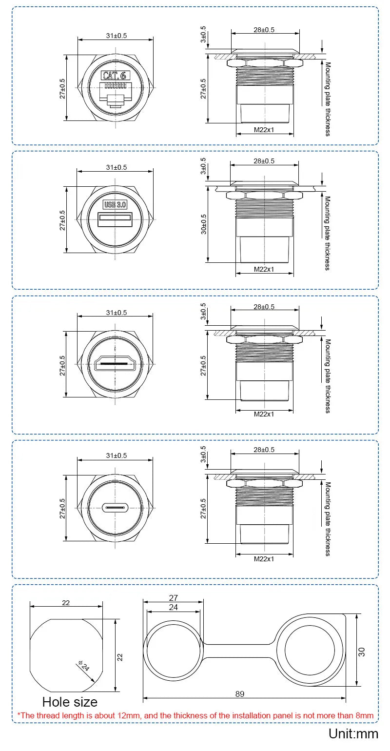 10Pcs Metal D‑Type Panel Mount Socket RJ45 CAT6 HDMI USB3.0 Straight Through Network Connector Module Round Panel Mount Adapter