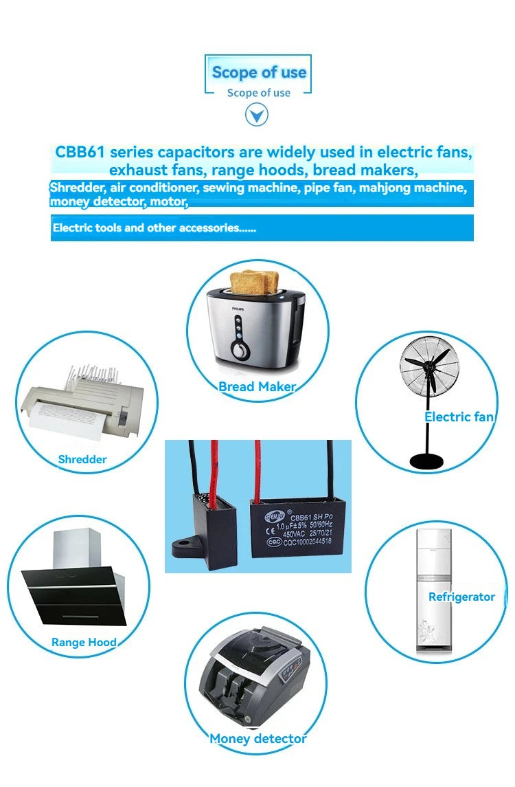 CBB61 Motor Start Capacitor 450V AC Fan Condenser1/1.2/1.5/1.8/2/2.5/3/4/5/6/8/10UF